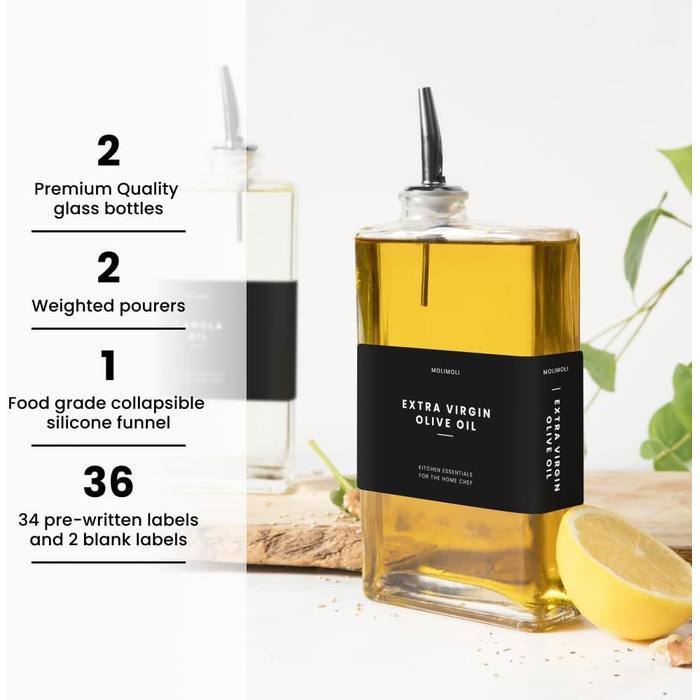 Molimoli Olive Oil Dispenser Bottle for Kitchen, Automatic Dispenser, Glass Thin Bottle Dispenser for Kitchen, Olive Oil Menage | 2-Piece Set - Black