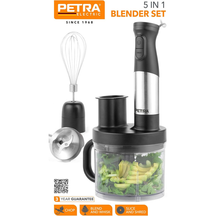 Блендер Petra PT5877VDE 5-в-1: подрібнювач, міксер, віничок, 1,2 л, нержавіюча сталь, BPA-free