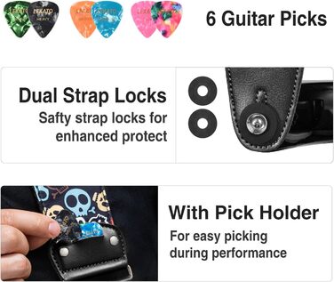 Гітарний ремінь LEKATO, смугастий, 6.7 см, з шкіри, з чохлом для медіатора та фіксаторами - для бас-гітари, електро- та акустичної гітари