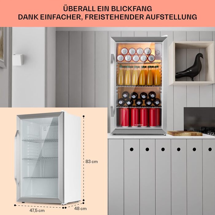 Klarstein Mini Fridge with Glass Door - 80L Compact Beverage Cooler with Adjustable Shelves & Wave Pattern Racks - Quiet Operation (Silver-White)