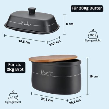 Набір контейнерів для зберігання KHG для кухні антрацитово-сірого кольору з дерев'яною кришкою, контейнери для продуктів з кераміки, з маркуванням, набір органайзерів для кухні, без пластику та світлонепроникні (хлібниця та маслобниця)