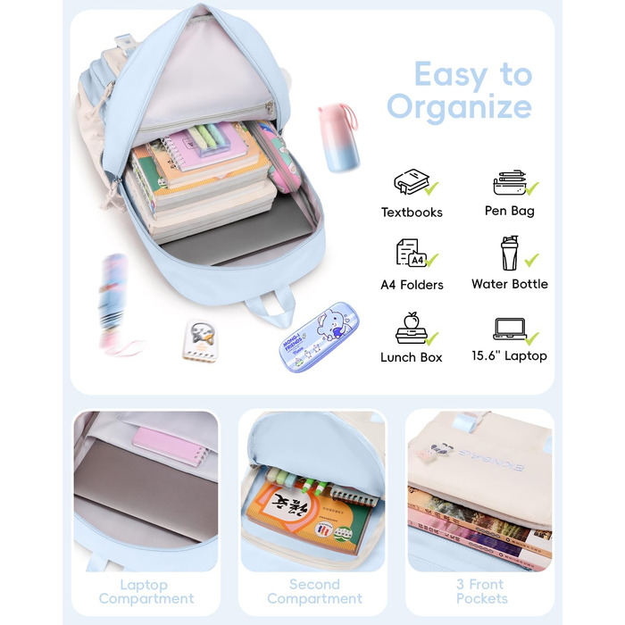Рюкзак Tanou для дівчаток, шкільний набір: рюкзак, сумка через плече та пенал. Шкільний рюкзак для підлітків, casual, блакитний.