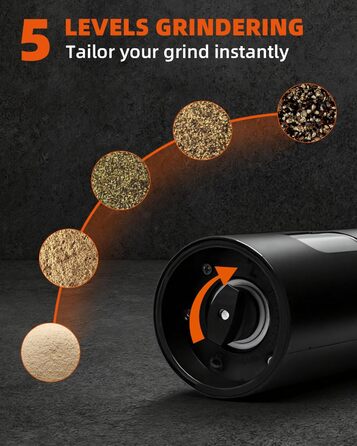 Набір електричних мельниць для солі та перцю з заряджною станцією, об'єм 110 мл, 5 ступенів помелу, керамічна млинка, щітка, 2 шт., чорний