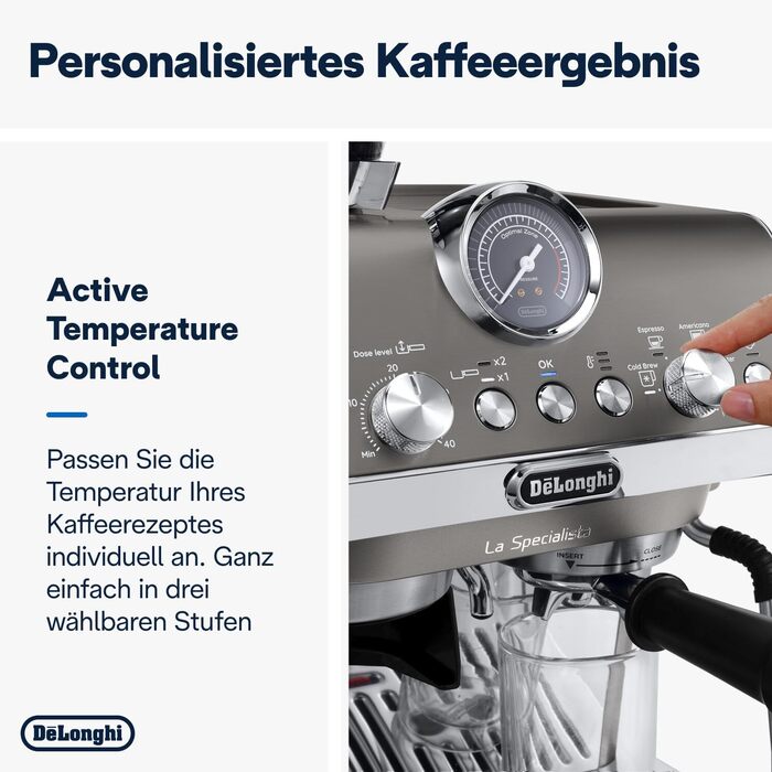 De'Longhi La Specialista Arte Evo EC9255.T Semi-automatic espresso machine with grinder, cold brew function, 8 grind settings, 15 bar, 3 temperatures, milk frothing wand, titanium finish, including barista kit. With Cold Brew function, espresso machine, titanium.