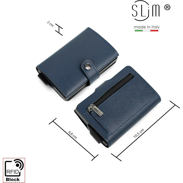 Стильний гаманець Slim Geldbörse для чоловіків та жінок з RFID захистом, відділенням для монет, синій Saffiano - Made in Italy