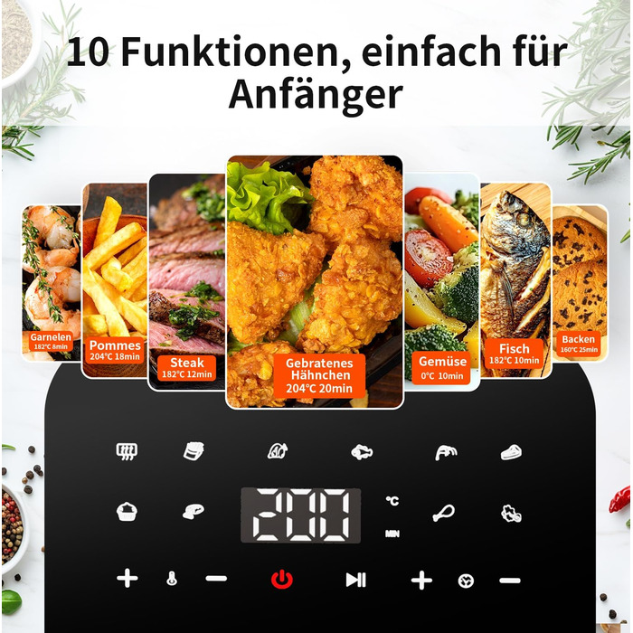 TOKIT Фритюрниця повітряна 1500W, 4.5L, 10 функцій, 360° циркуляція, низький вміст жиру, швидка приготування, компактна (чорний)