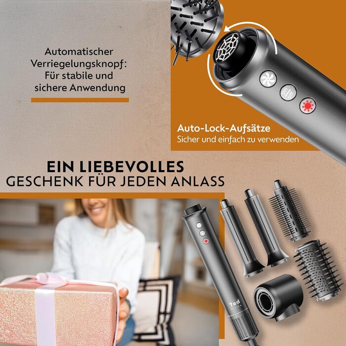 Мультистайлер 5-в-1 – плойка, фен-щітка з 110 000 обертів/хв – щітка для волосся з гарячим повітрям/фен-щітка/стайлер для великих локонів, об'єму та гладкого волосся – іонізатор для волосся з 5 насадками