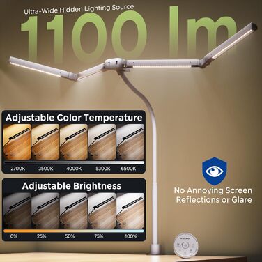 Лампа настільна EYOCEAN з 4 джерелами світла, 24W, 100см, денне світло, з пультом, регульована яскравість, для офісу та дому, захист очей, з шийним гнучким кріпленням