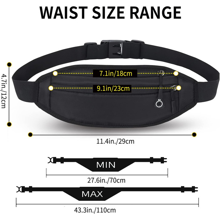 Гірчиця поясна сумка QKUDS для телефону до 7 дюймів, чорна, водонепроникна, для спорту, бігу, фітнесу, велоспорту