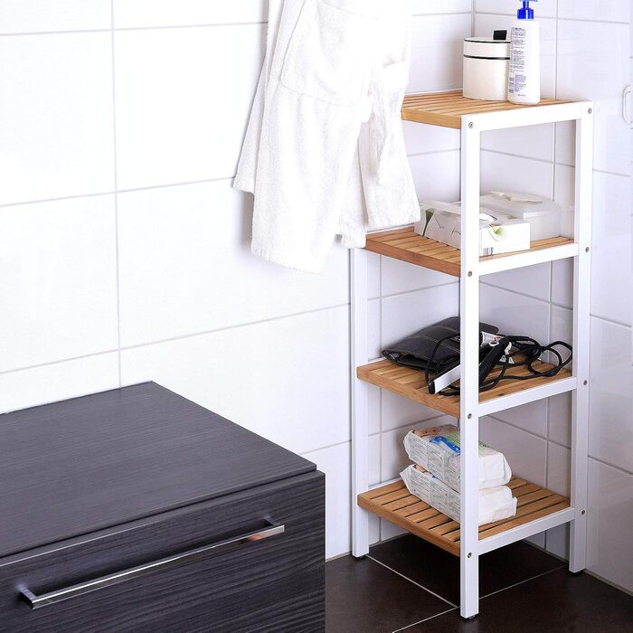 Dibea Bathroom Shelf with 4 Shelves, Living Room Shelf, Standing Shelf, Bamboo Shelf, Bathroom Shelf, Book Shelf, Corner Shelf, Kitchen Shelf, 33x33x98 cm, natural/white