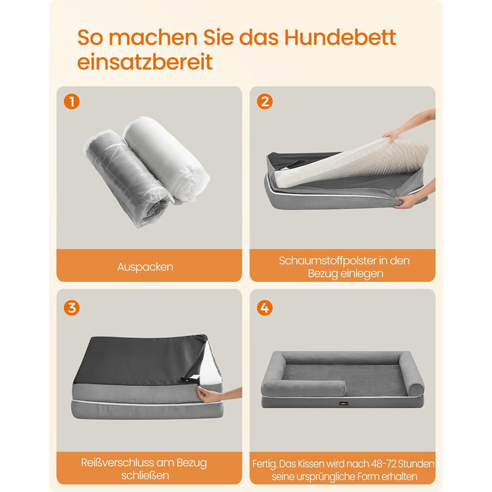 Feandrea Orthopedic Dog Bed, Dog Cushion, Dog Basket, Soft Padding, Dog Sofa, Raised Sides, Removable and Washable Cover, 91 x 71 x 20 cm, Non-Slip Bottom, PGW076G01 (L 135 x W 107 x H 25 cm, Light Grey)