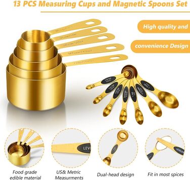 Набір мірних стаканів та ложок Cuteefun Gold, 13 предметів: 5 стаканів, 8 магнітних ложок, нержавіюча сталь для вимірювання сухих та рідких інгредієнтів для випічки та приготування їжі