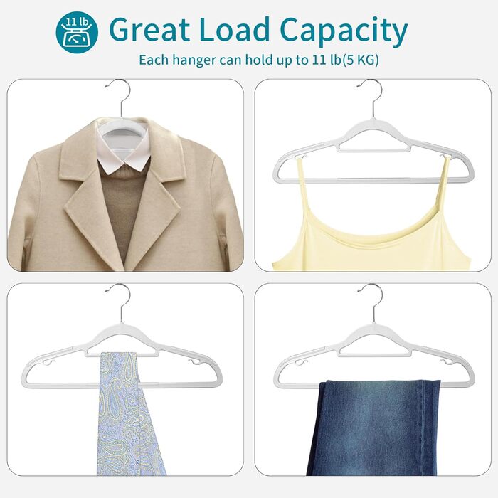 100 штук вішалок для одягу, неслизький пластик, обертовий гачок 360°, товщина 0,5 см, довжина 42 см, для пальто, суконь, сорочок, APY03G (білий + срібло)