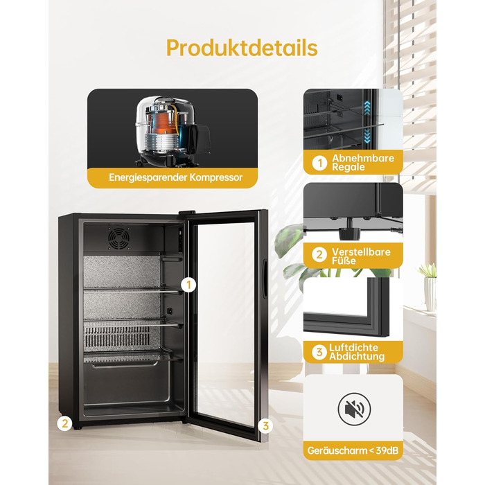 Міні-холодильник для напоїв WIE з подвійними скляними дверцятами, регульованими полицями, 86 літрів, 120 банок, для соди/пива, для дому/кухні/бару/офісу