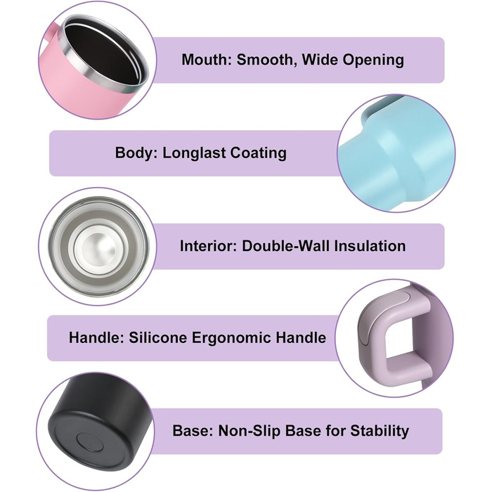 Термокружка ZAKVOP 410мл з трубочкою, кришкою та ручкою. Ізольована термокружка для кави та напоїв на виніс (світло-фіолетовий)