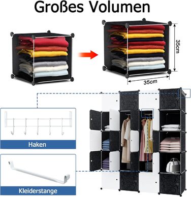 UISEBRT DIY Plastic Wardrobe System - Stackable Shelving Unit, Closet Organizer, Coat Rack, Shoe Rack, Plastic Boxes, Black with Pattern (20 Boxes with Door)
