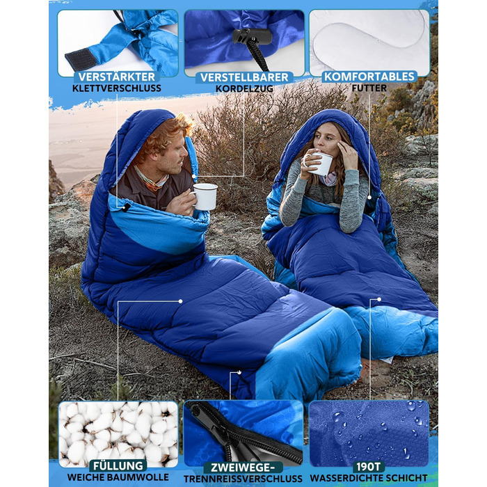 Спальний мішок 3-4 сезони, водонепроникний, ультралегкий, 220*75см (Блакитний) - для кемпінгу, подорожей, походів