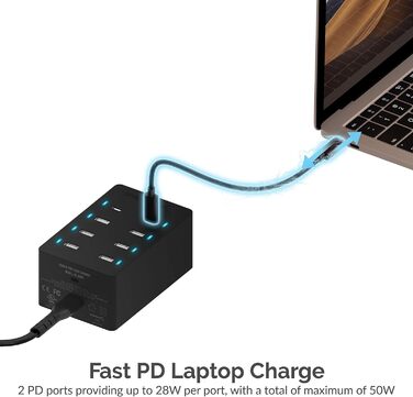 Зарядний пристрій Sabrent USB 60W 10 портів, станція швидкої зарядки з мережею для MacBook, USB-C ноутбуків, iPhone, Samsung Galaxy (AX-TPCS)