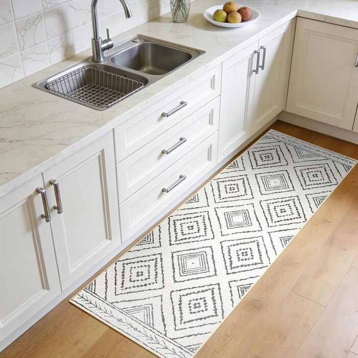 Килимок-довгий килим для коридору 60 x 180 см, неслизький для кухні, з коротким ворсом, пральний, складаний, у стилі бохо – для коридору, кухні, вітальні та офісу, чорно-білий 60 x 180 см