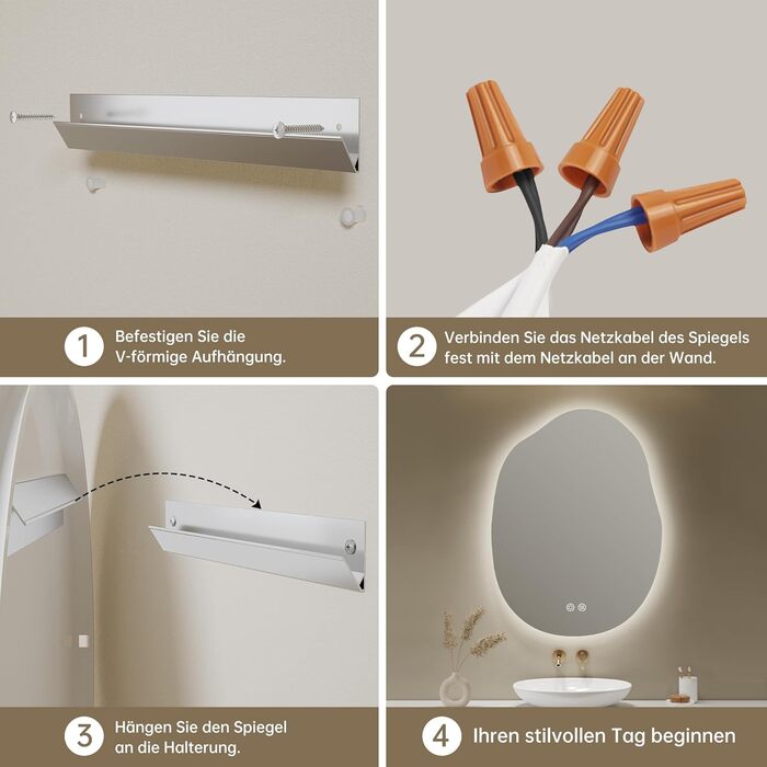 Дзеркало для ванної кімнати з підсвічуванням, арочне, без рами, 50x75 см. Антизапарник, сенсорне управління, регулювання яскравості, 3 кольори світла