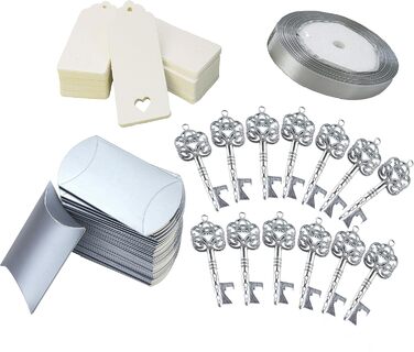 Makhry 50 Pcs Vintage Key Bottle Openers Wedding Key Skeleton Key Bottle Openers Wedding Favors Set with Pillow Boxes and Tag (Antique Silver)
