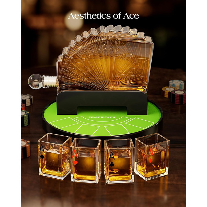 Набір для віскі Kollea Blackjack: Декантер 37,2 Oz та 4 келихи, стиль Казино, подарунок для чоловіків