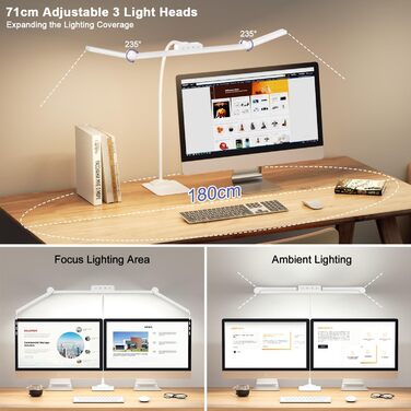 LED лампа для столу EppieBasic з кріпленням, 24W, 3 насадки, регулювання яскравості, 1200LM, захист очей, 4 колірні температури, таймер 30 хв, для офісу та дому