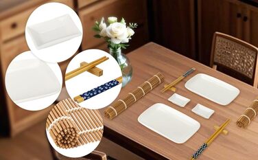Набір для суші Exzact (10 шт.) – 2 тарілки, 2 миски для соусу, 2 підставки під столові прилади, 2 пари паличок для їжі – преміум-порицелан, подарункова коробка