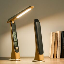 Bokefo Світлодіодна настільна лампа з акумулятором 1800 mAh, 3 кольори, регулювання яскравості, годинник, сенсорне управління, складна та портативна. Підходить для офісу, навчання, читання. Без адаптера