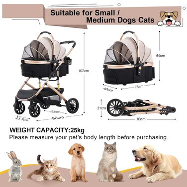3 в 1 Візок для собак з знімним сидінням для подорожей, переноска для собак, складаний, візок для домашніх тварин для дітей до 25 кг, Рожевий, Шампань, 25 кг