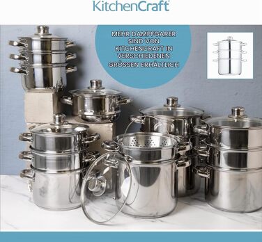 Набір каструль KitchenCraft з пароваркою, 3 предмети, нержавіюча сталь, для індукційних плит, 22 см, сріблястий