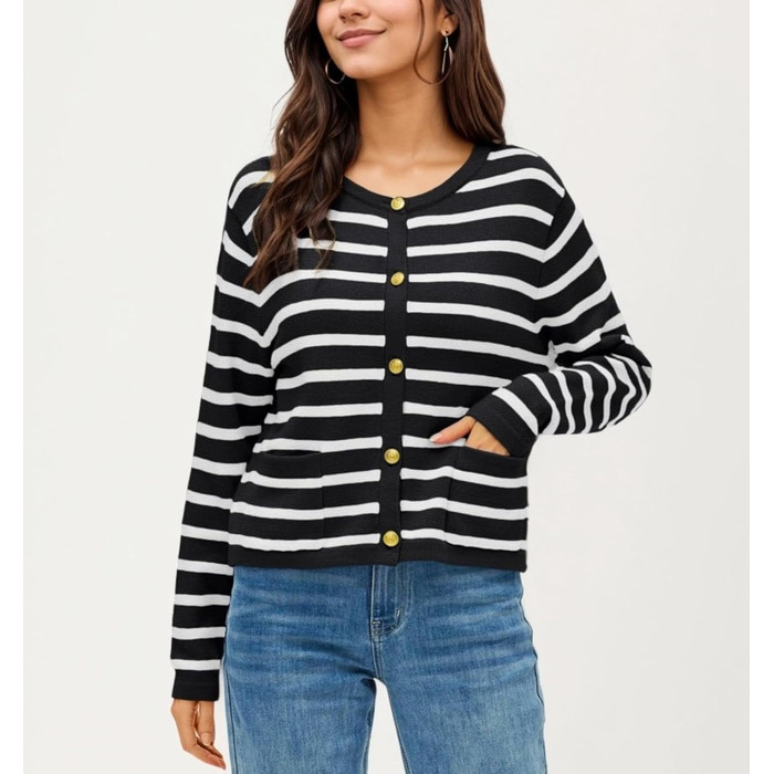 Жіноча коротка в'язана куртка з двома кишенями на ґудзиках, смугастий пуловер, стильна осіння кардиган, круглий виріз, модна в'язана кофта XL чорного кольору
