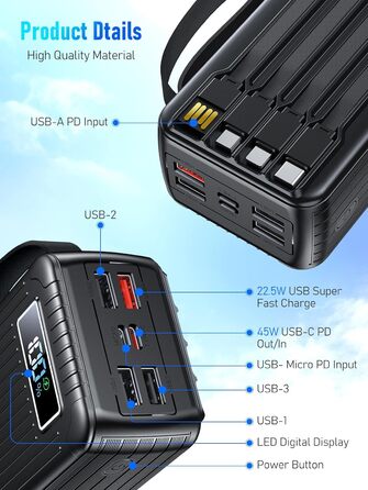 Power Bank 60000 mAh з PD 45W, 6 портів (4 USB-A, 2 Type-C), LED дисплей, вбудовані кабелі, чорний