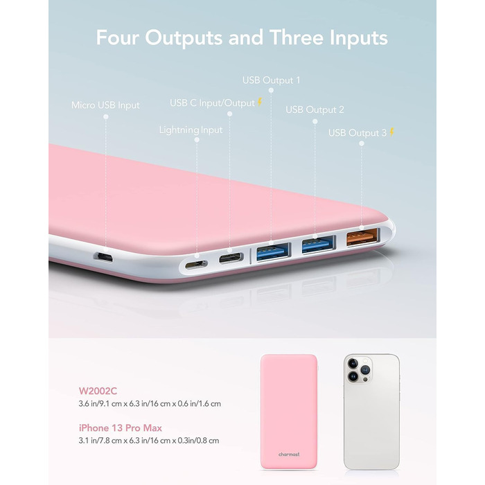 Power Bank Charmast 26800mAh з 4 виходами та 3 входами, USB-C, рожевий. Сумісний з iPhone, iPad, Samsung та іншими пристроями