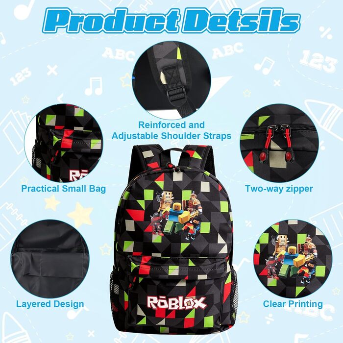 Дитячий рюкзак Yumcute Ro-blx з принтом для підлітків, велика місткість, рюкзак для школи та подорожей, мультяшний дизайн (M)