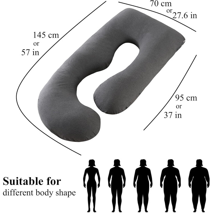 Подушка для вагітних Allopera, повного тіла, 145 см, знімний чохол - підтримка для ніг, спини, шиї, плечей, стегон, живота. Матеріал: трикотажна бавовна (темно-сірий)
