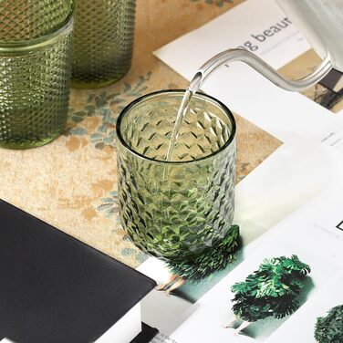 Joeyan 200ml Small Green Drinking Glasses Set of 6, Colorful Water Glasses Set with Diamond Embossed Design, Vintage Glasses Set for Home Restaurant Bar, Dishwasher Safe