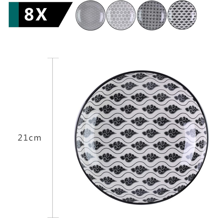 Набір тарілок Vancasso Haruka: 8 шт. (4 супові, 4 глибокі), кераміка, 700мл, діаметр 21 см (чорний + кремовий)