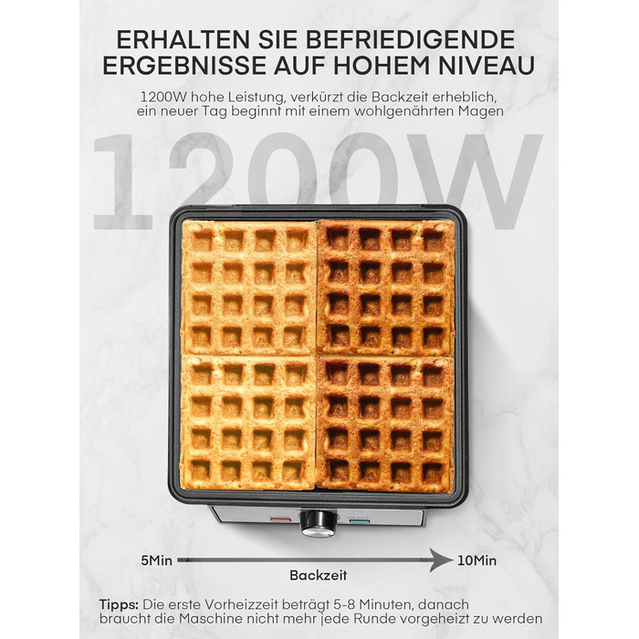 Вафельниця FOHERE з 4 формами, 1200W, бельгійські вафлі, антипригарне покриття, регулятор засмаги, нержавіюча сталь – ідеальна для сімейного сніданку, чорний