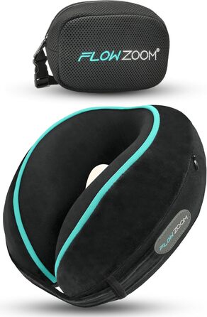 Подушка для шиї FLOWZOOM Comfy для подорожей: регульована, з memory foam, для автомобіля та літака, 360° підтримка, дихаючий чохол, з транспортним мішечком, сіра (Dream - чорна)