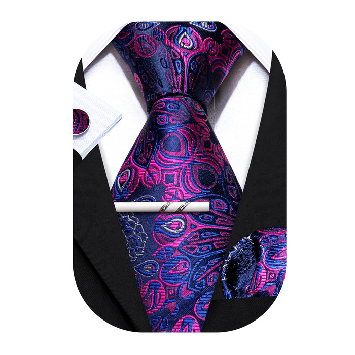 Набір краваток Barry.Wang: однотонний павловій узор, атлас, з кишеньковим хустинкою для весілля (фіолетовий, пурпурний)