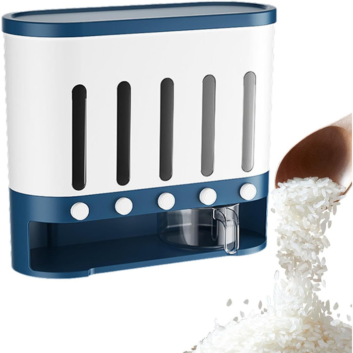 Traveler Dispenser with 5 Compartments, Wall-Mounted Cereal Dispenser, 9 kg, Thickened Container, Moisture-Resistant, Grain Container, Bucket, Rotating Food Dispenser, Household Kitchen, Candy Dispenser