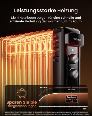 Pro Breeze 2500W Mini Oil Radiator with 11 Fins, Electric Heater, 24h Timer, Energy-Saving Oil Radiator, 3 Heating Levels, Adjustable Thermostat & Safety Shut-off Function - Black