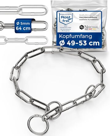 Нашийник для собак з обхватом шиї 49-53 см, нержавіюча сталь V4A, з запобіжником, ланцюговий, 5 мм, довжина 64 см
