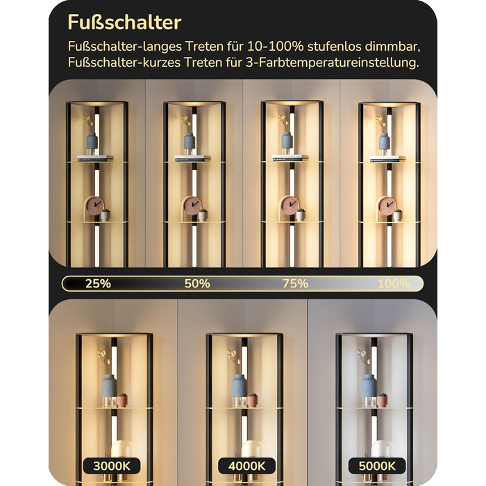 Стійка лампа EDISHINE з 4 полицями з дерева, LED диммер, 3 колірні температури, поворотний світловий маніпулятор, підсвічування полиць, футовий вимикач (чорний+скло)