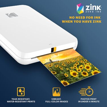 Фотодрук KODAK Step Slim: Портативний кольоровий принтер для смартфонів - друк 2x3” фотографій через Bluetooth, білий