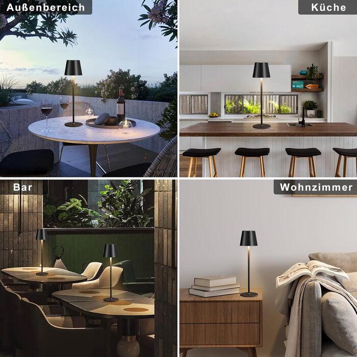 Набір з 2 бездротових настільних світильників LED з акумулятором, сенсорне регулювання яскравості, 3 режими кольору, USB-C зарядка для спальні, столу, кемпінгу (Чорний)