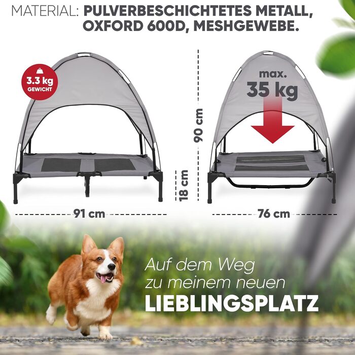 Підвищене ліжко для собак з дахом, для саду та вулиці, сірий колір, XL (122x91x23/114 см), 520084