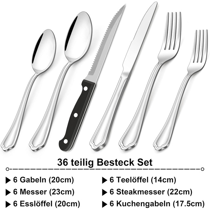 Herogo Cutlery Set for 6 People, 36-Piece Stainless Steel Cutlery Set with Steak Knives, Polished Eating Cutlery Set with Fork, Knife, Spoon for Home Restaurant, Dishwasher Safe (Modern)