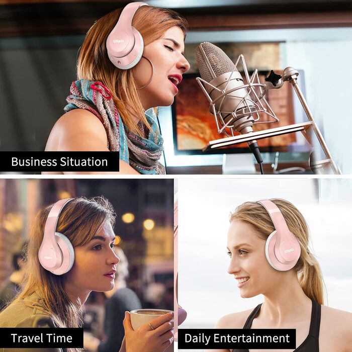 Бездротові навушники Uliptz Over-Ear Bluetooth з 65 годинами роботи, 6 EQ-режимів, HiFi стерео, складні, для подорожей/офісу/телефону/ПК (Рожеве золото)